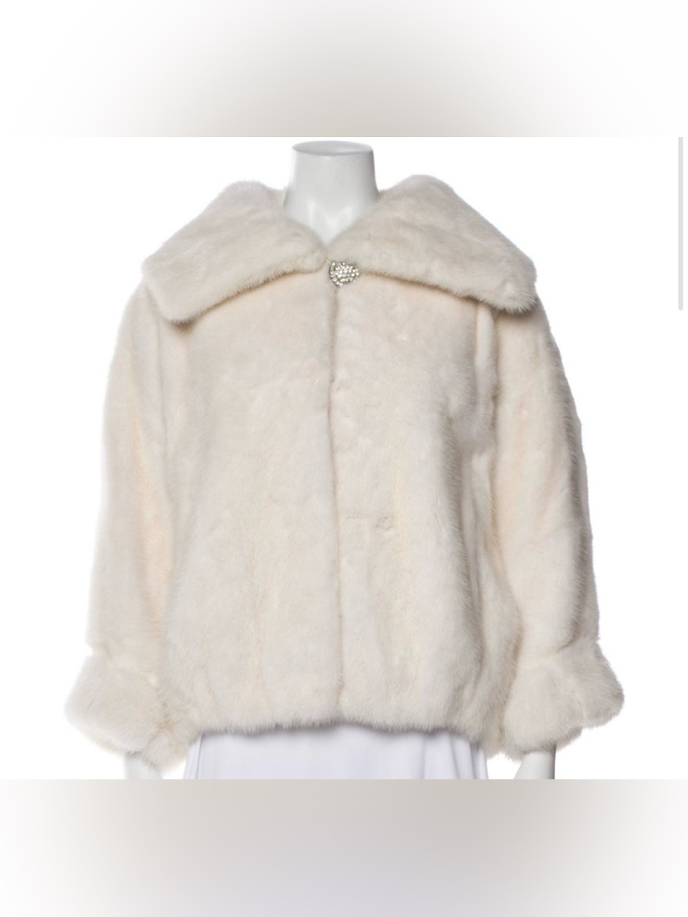 White mink fur coat jacket bomber with rhinestone button